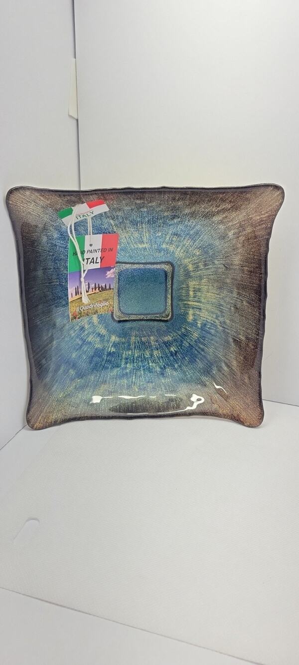 IL QUADRIFOGLIO Glass 7.75" Square Bowl Gray/Blue Gold Silver Glitter Decor NWT